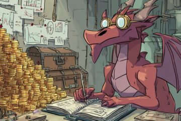 A red dragon wearing small spectacles, carefully writing in a large accounting book