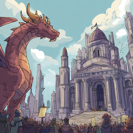 Copper Dragon looking over his community