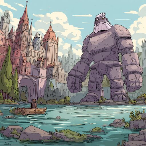Stone giant overlooking a river