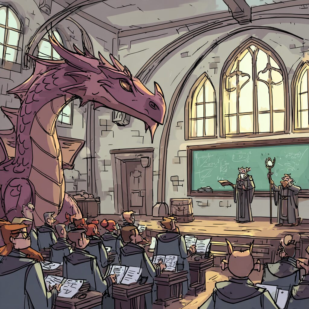 fancy academy classroom where well-dressed merchants are learning to bow properly to a life-sized red dragon statue.