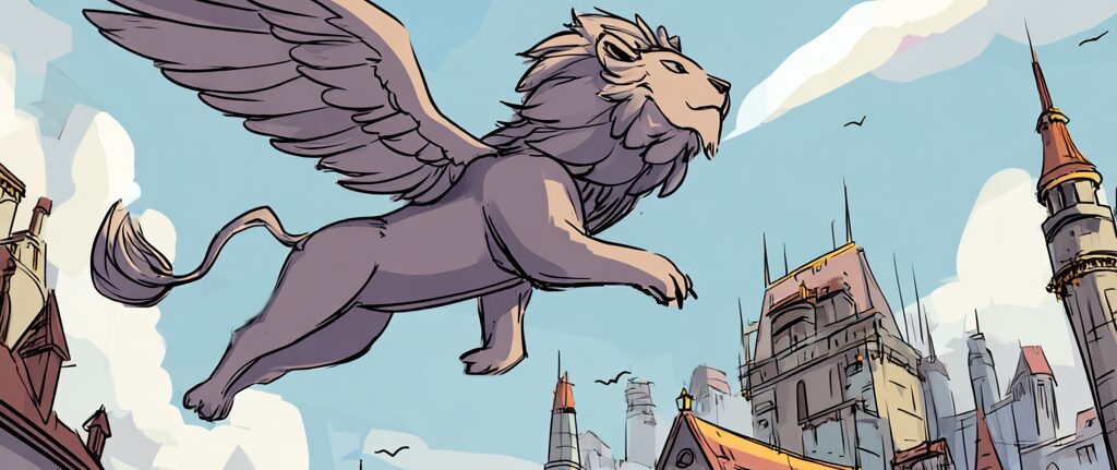A majestic griffon in flight carrying cargo containers or saddlebags, soaring over a medieval city with trade routes visible below