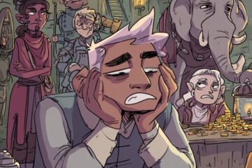 a frustrated dungeon master sitting at a table covered in gold coins